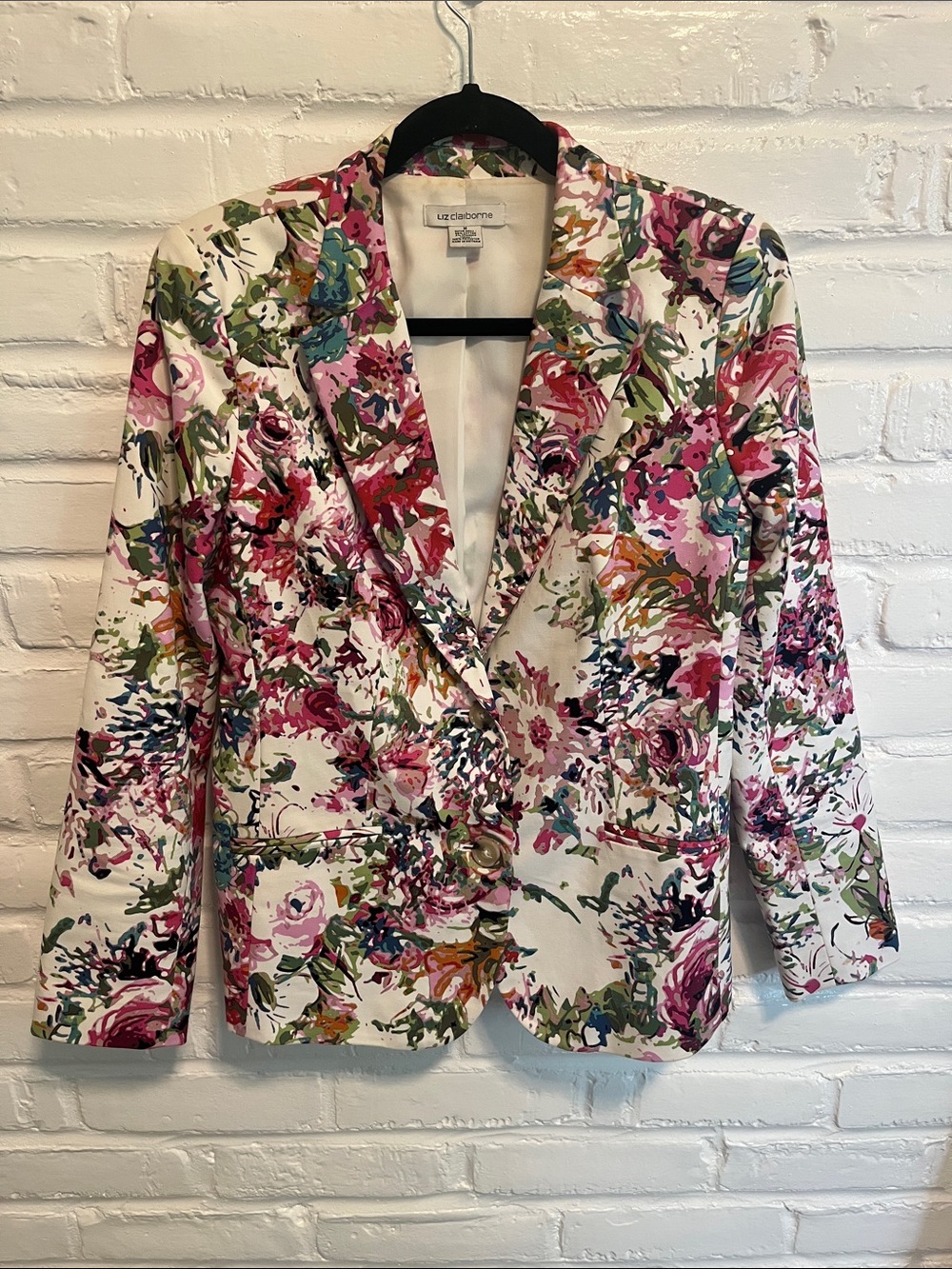 Liz Claiborne White Floral Blazer with Pink & Green Accents